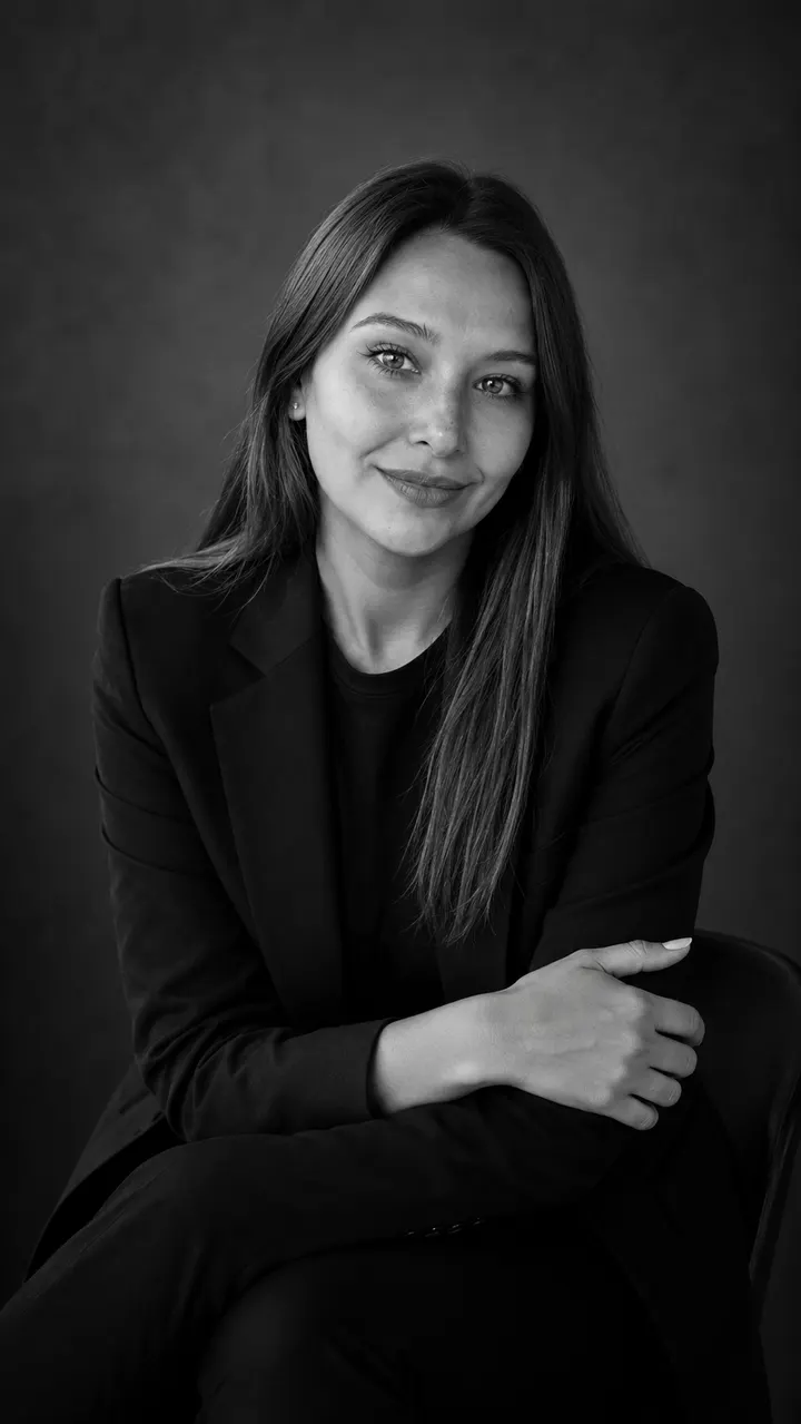 Retrato en blanco y negro de Olga Bondareva, fundadora de Lady Reels